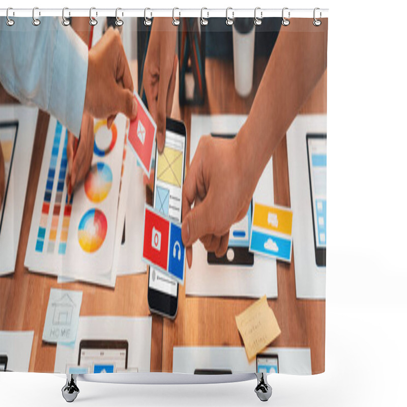 Personality  Panorama Shot Of Front-end Developer Team Brainstorming UI And UX Designs For Mobile App On Paper Wireframe Interface. User Interface Development Team Planning For User-friendly UI Design. Scrutinize Shower Curtains