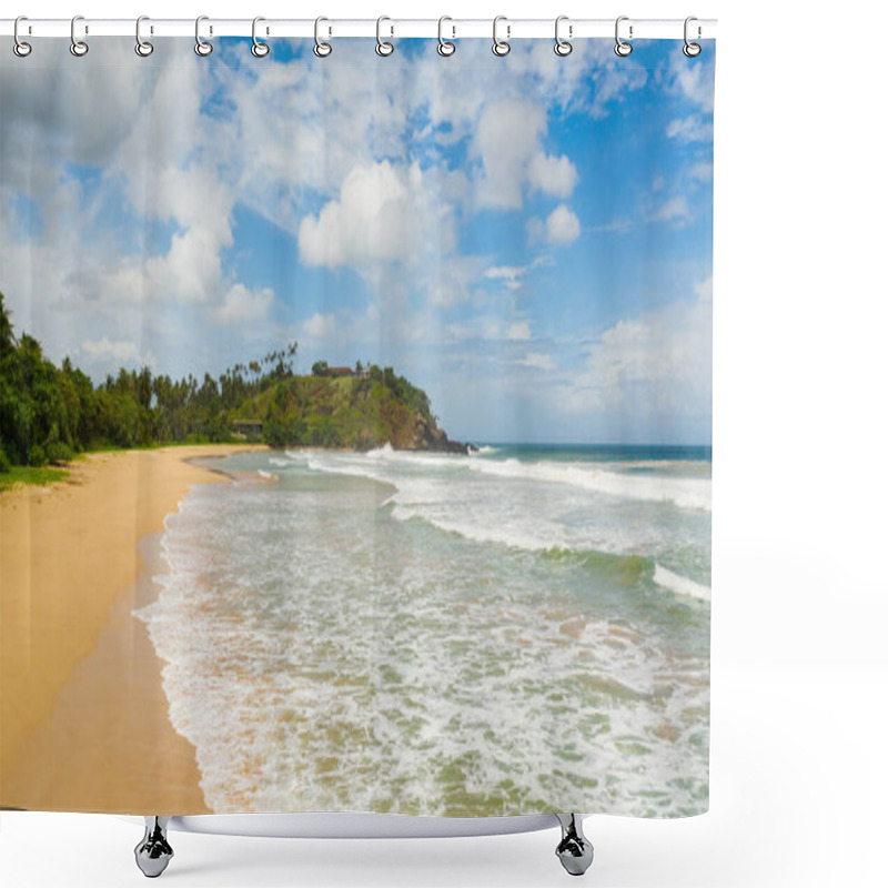 Personality  Beautiful Sandy Beach With Palm Trees And Sea Surf With Waves. Talalla Beach, Sri Lanka. Shower Curtains