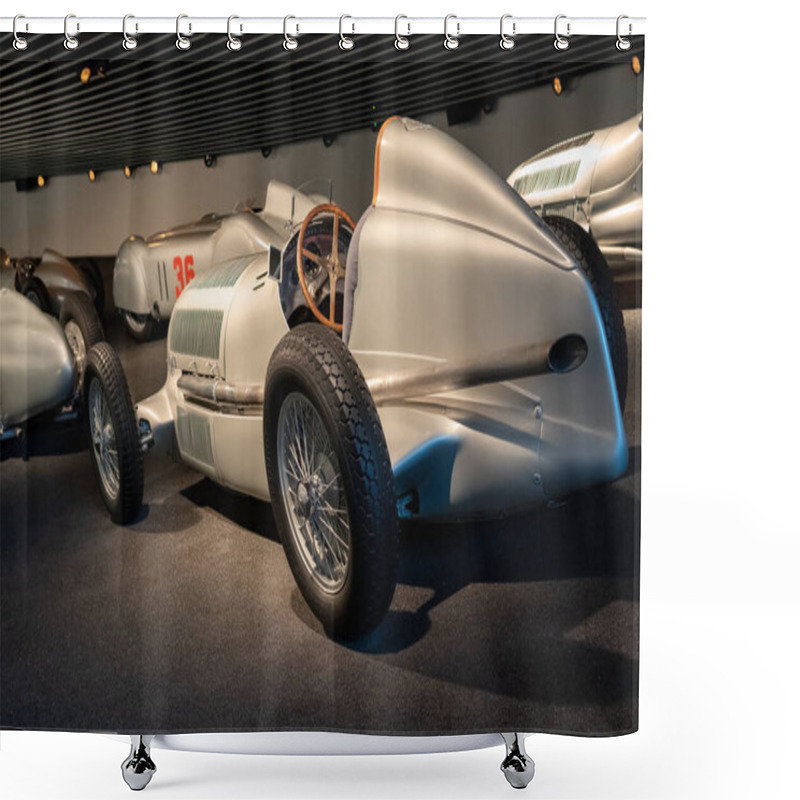 Personality  Stuttgart, Germany - June 12, 2020 - 1950s Formula One Cars And Other Mercedes Race Cars Inside The Mercedes Museum In Stuttgart Shower Curtains