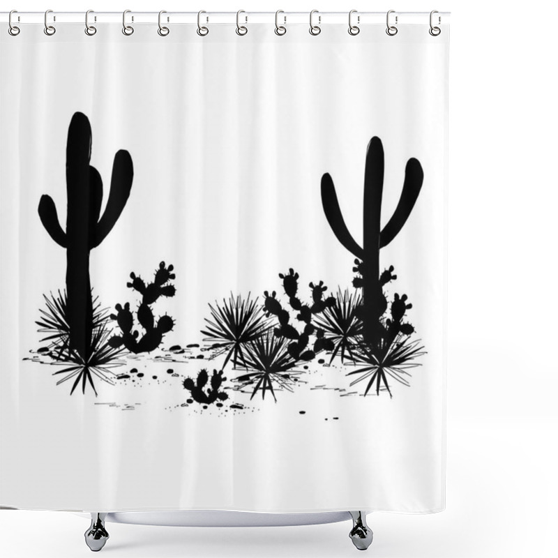 Personality  Cacti Landscape. Vector Silhouettes Of, Saguaro, Prickly Pear, And Agave. Black And White Banner, Place For Text. Mexican Background Shower Curtains