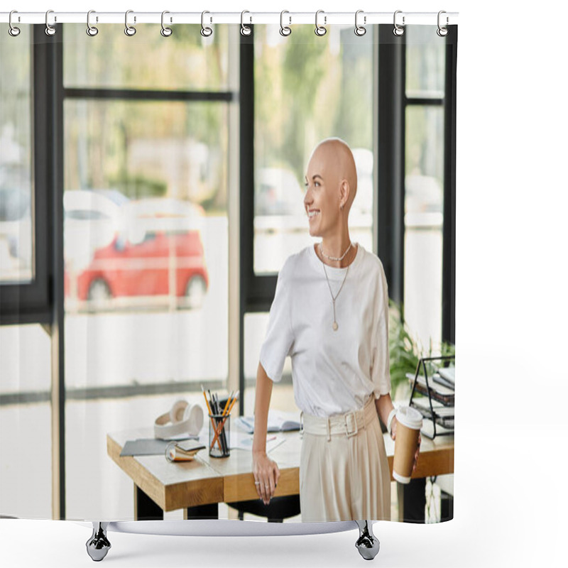 Personality  A Young Bald Woman Stands Confidently With A Coffee Cup, Radiating Elegance In Her Surroundings. Shower Curtains