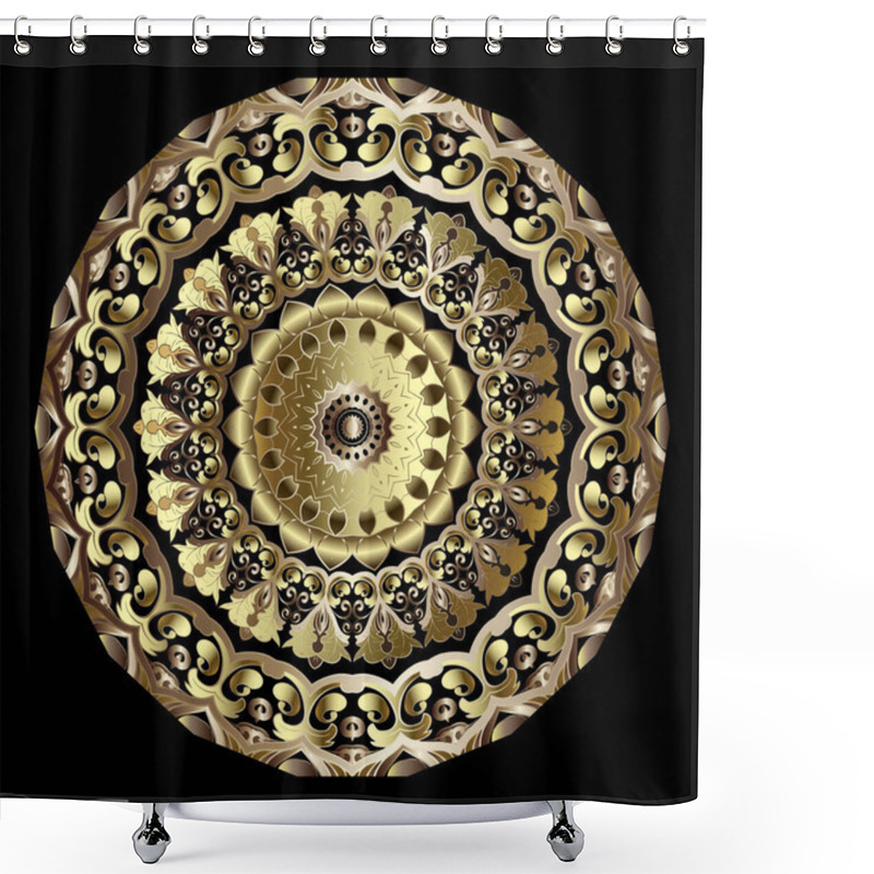 Personality  Gold 3d Paisley Vector Mandala Pattern. Ornamental Modern Background With Round Golden Ornaments. Golden Leaves, Paisley Flowers, Circles. Surface Texture. Decorative Ornate Luxury Design. Shower Curtains