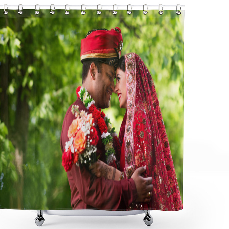 Personality  Side View If Happy Indian Man In Turban Hugging Bride In Red Sari  Shower Curtains