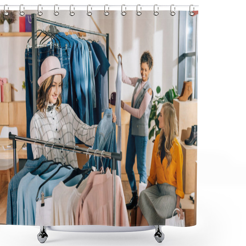 Personality  Group Of Stylish Young Women On Shopping In Clothing Store Shower Curtains