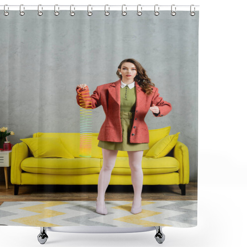 Personality  Beautiful Woman Posing Like A Doll And Playing With Rainbow Slinky, Looking At Camera, Modern Living Room With Yellow Couch, Childish, Vintage, Nostalgia, Colorful Toy, Leisure And Fun  Shower Curtains