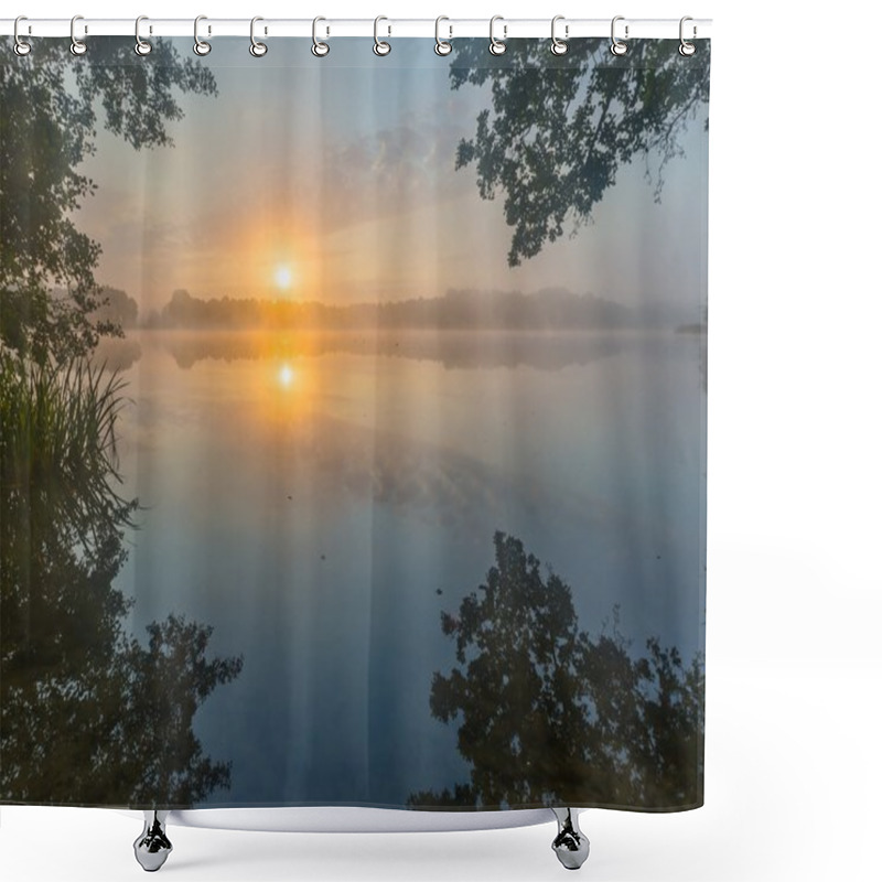 Personality  Beautiful Sunrise Over Misty Lake. Shower Curtains