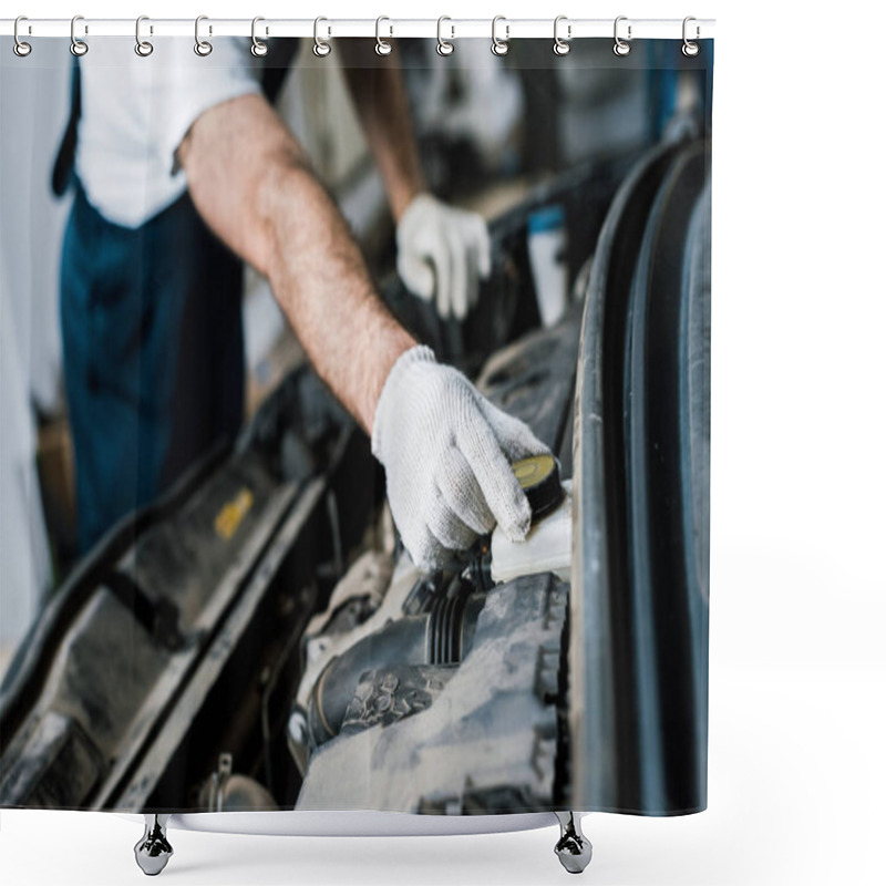 Personality  Cropped View Of Car Mechanic Touching Bottle Cap In Automobile  Shower Curtains