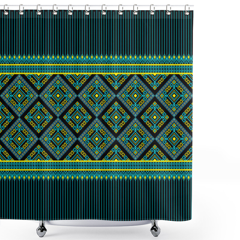 Personality  Turquoise Yellow Ethnic Or Tribe Seamless Pattern On Black Background In Symmetry Rhombus Geometric Bohemian Style For Clothing Or Apparel,Embroidery,Fabric,Package Design Shower Curtains