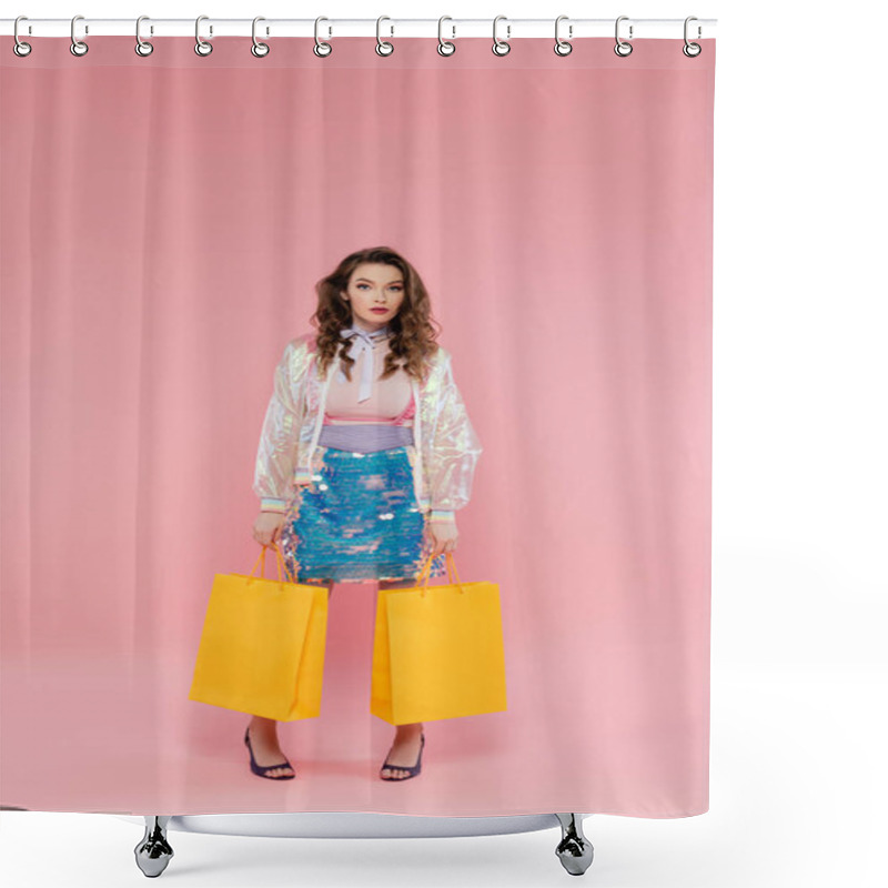 Personality  Attractive Woman Carrying Shopping Bags On Pink Background, Concept Photography, Consumerism, Stylish Outfit, Young Model In Skirt With Sequins And Transparent Jacket Looking At Camera Shower Curtains