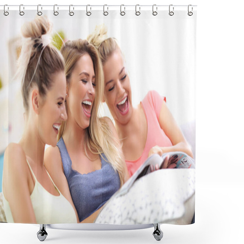 Personality  Three Beautiful Young Women Chilling At Home Shower Curtains