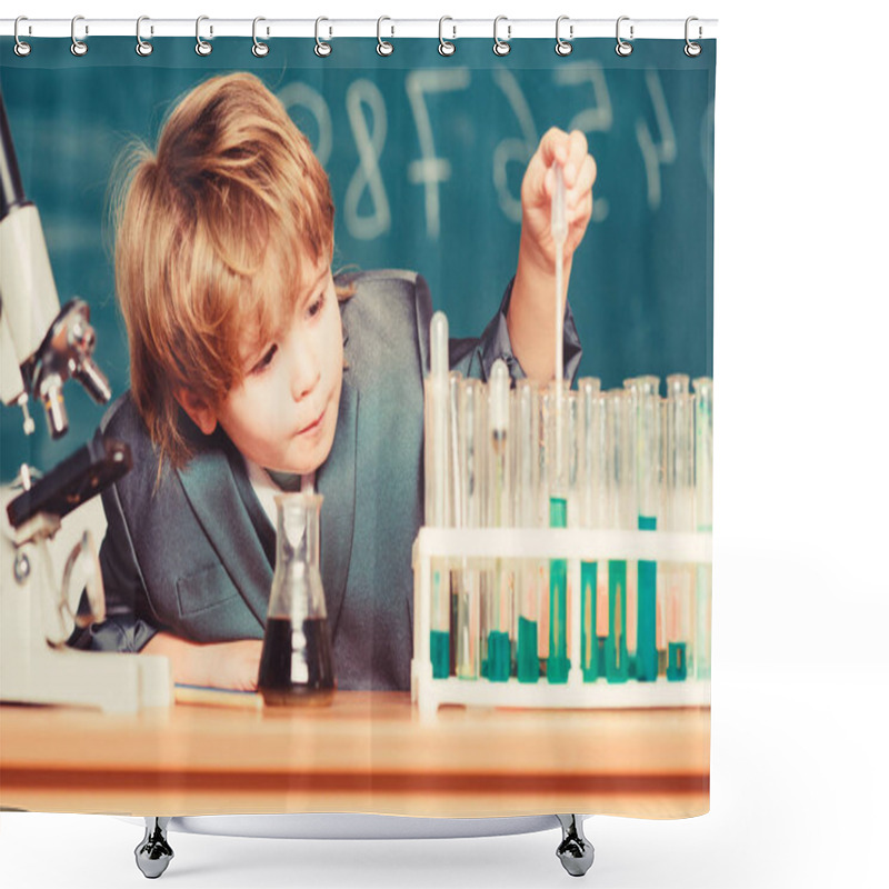 Personality  School Education. Explore Biological Molecules. Toddler Genius Baby. Boy Near Microscope And Test Tubes In School Classroom. Technology And Science Concept. Kid Study Biology And Chemistry In School Shower Curtains