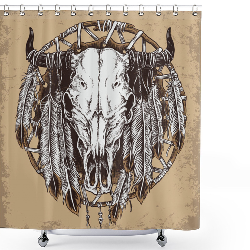 Personality  Hand Drawn Cow Skull And Feathers Illustration. Shower Curtains