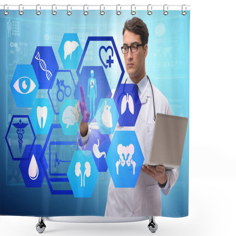 Personality  Telemedicine Concept With Doctor Pressing Virtual Buttons Shower Curtains