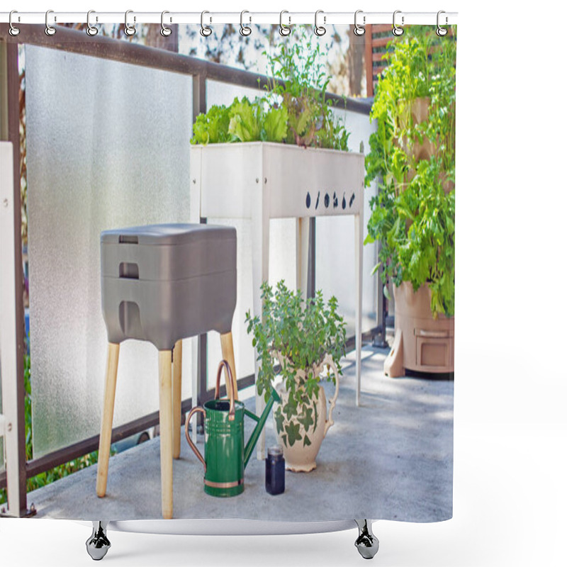 Personality  A Vermicomposting System (worm Composter) Sits On An Apartment Balcony With Other Patio Planters. Worms Eat Food Scraps And Produce Worm Castings And Worm Tea To Be Used As Fertilizer. Redirect Waste. Shower Curtains