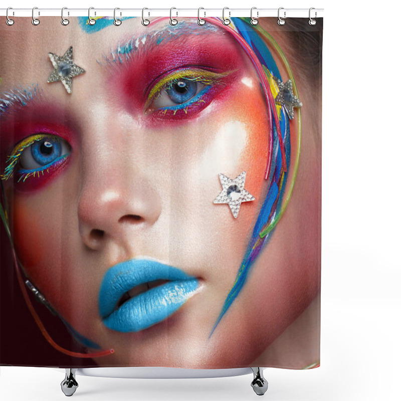 Personality  Beautiful Girl With Creative Make-up In Pop Art Style. Beauty Face. Shower Curtains