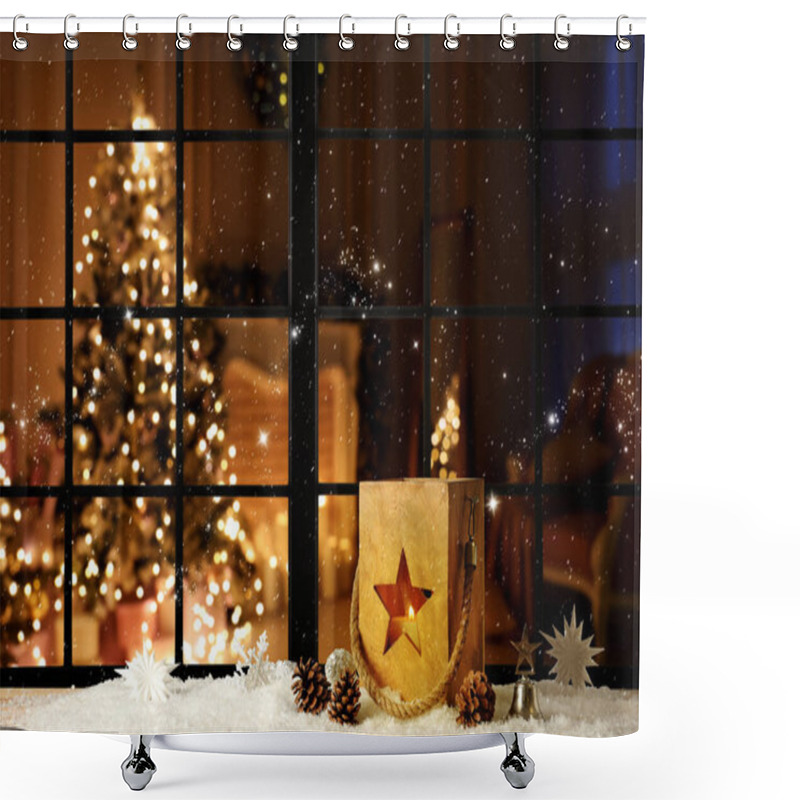 Personality  Beautiful Composition With Wooden Christmas Lantern Near Window Shower Curtains