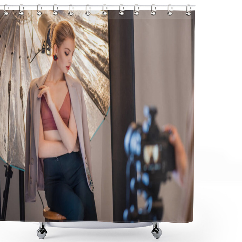 Personality  Selective Focus Of Stylish And Attractive Model Posing For Photographer  Shower Curtains