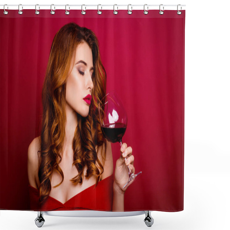 Personality  Portrait Of Attractive, Dreamy, Charming, Curly Ginger Woman Clo Shower Curtains