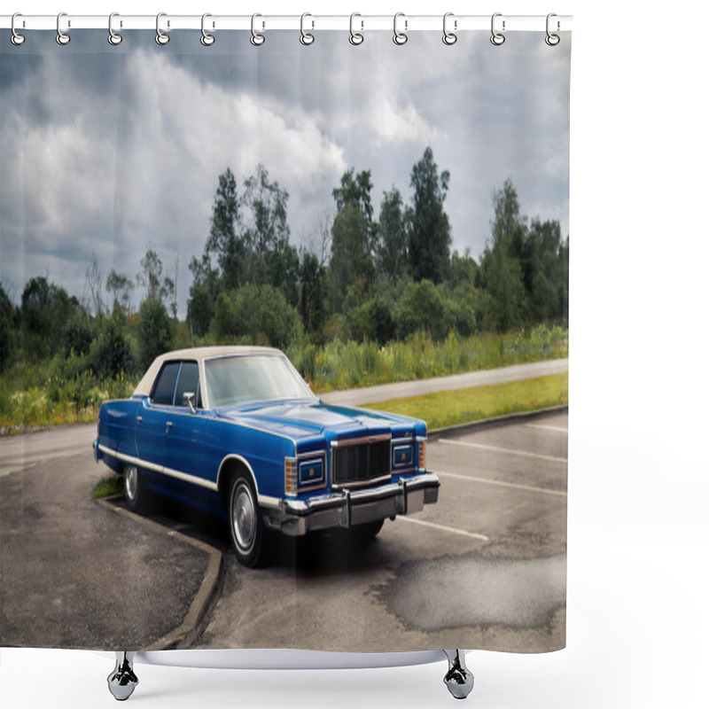 Personality  Blue American Retro Sedan At The Parking Shower Curtains