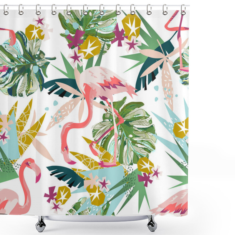 Personality  Pink Flamingo Seamless Pattern Isolated On White Background. Shower Curtains