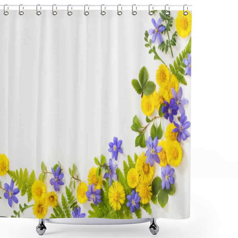 Personality  Spring Yellow And Violet  Flowers On Paper Background Shower Curtains