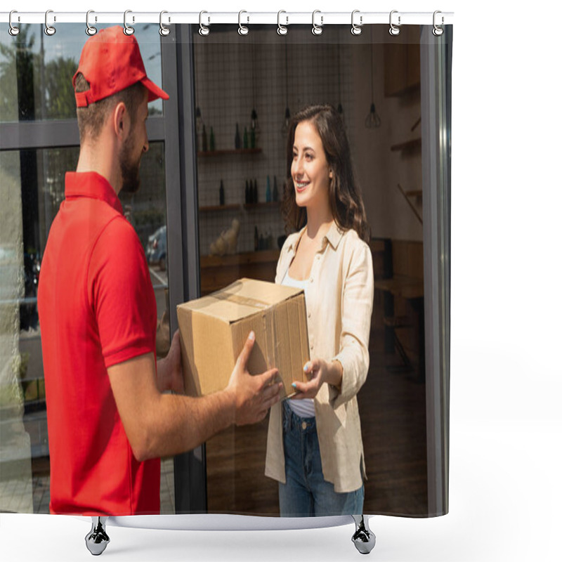 Personality  Bearded Delivery Man Giving Cardboard Box To Cheerful Woman  Shower Curtains