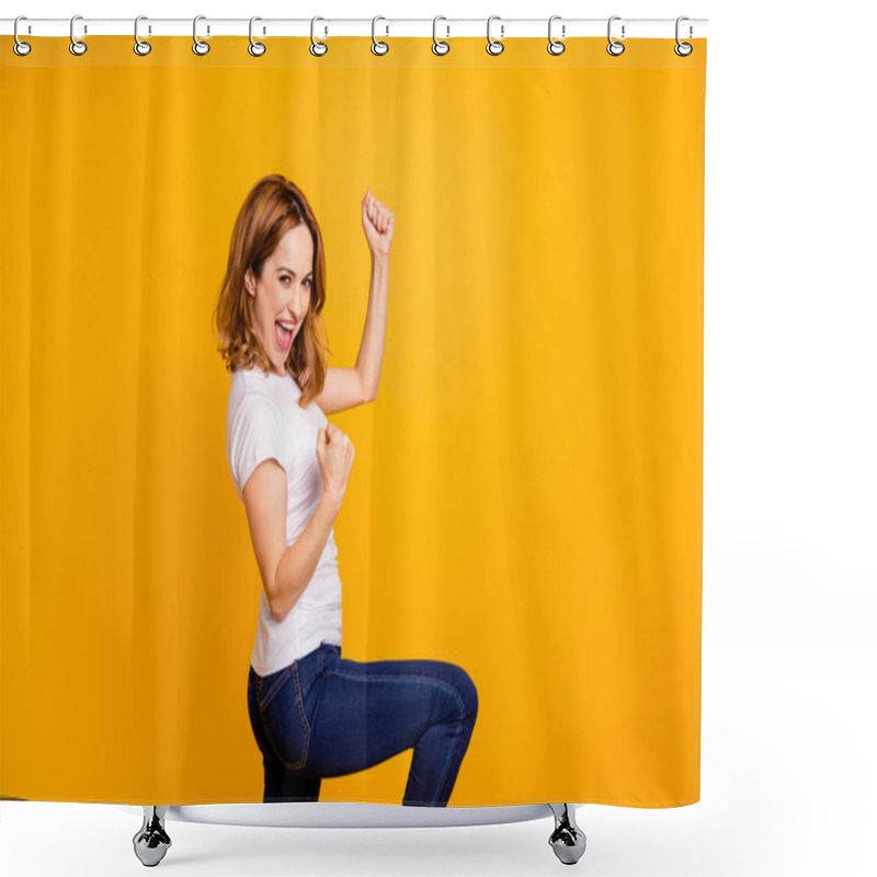 Personality  Portrait Of Nice Charming Lovely Lady Shout Yeah Fan Have Fortune Luck Celebrate Content Delighted Raise Fists Arms Hands Dressed Modern Denim Jeans Clothing Isolated Yellow Background Shower Curtains