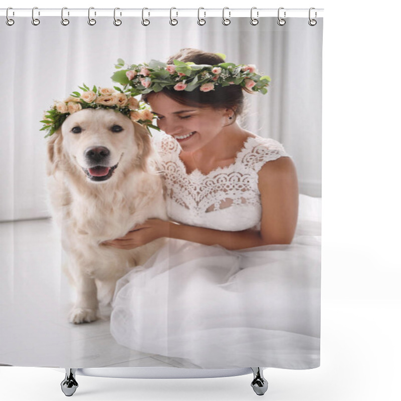 Personality  Bride And Adorable Golden Retriever Wearing Wreath Made Of Beautiful Flowers Indoors Shower Curtains