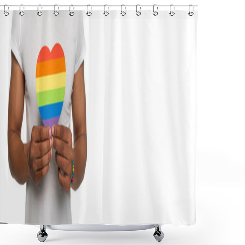 Personality  Partial View Of African American Man Holding Paper Heart In Lgbt Colors Isolated On White, Banner Shower Curtains