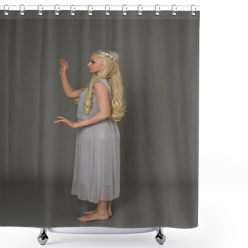 Personality  Full Length Portrait Of Blonde Girl Wearing Crow And Grey Dress, Standing Pose In Side Profile.  Grey Studio Background. Shower Curtains