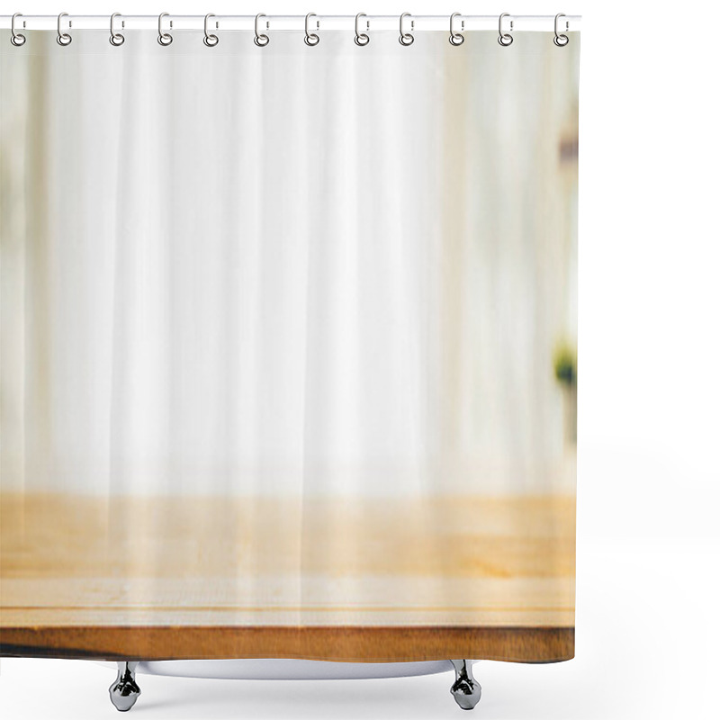 Personality  Wood Table Top On White Blurred Abstract Background  Shower Curtains