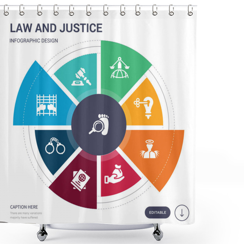 Personality  Set Of 9 Simple Law And Justice Vector Icons. Contains Such As Footprint, Gavel, Guilty, Handcuffs, Immigration, Inheritance Law, Innocent Icons And Others. Editable Infographics Design Shower Curtains