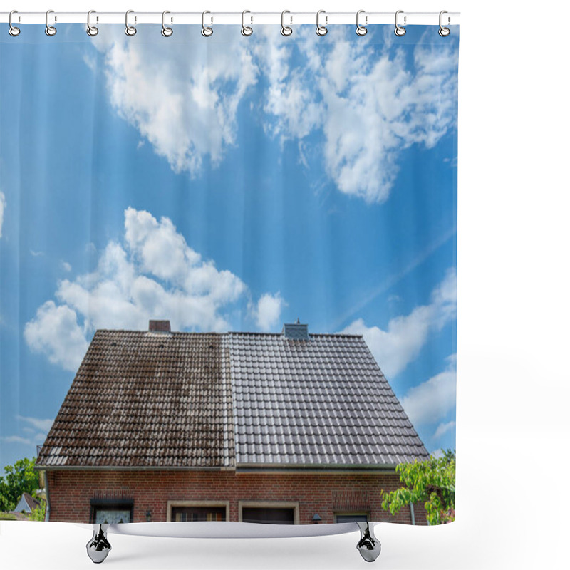 Personality  A Half Cleaned House Roof Shows The Before And After Effect Of A Roof Cleaning.	 Shower Curtains