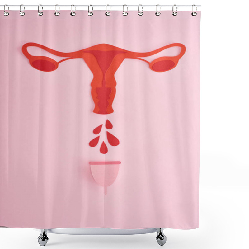 Personality  Top View Of Red Paper Cut Female Reproductive Internal Organs With Blood Drops And Menstrual Cup On Pink Background Shower Curtains