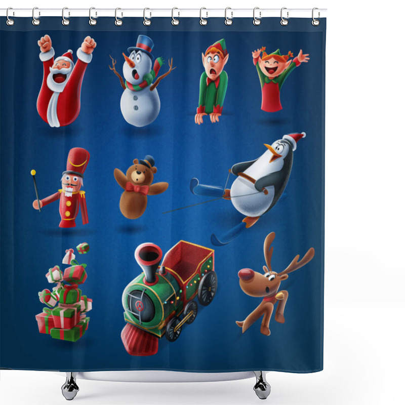 Personality  Santa And Various Cartoon Characters On Dark Blue Background Shower Curtains