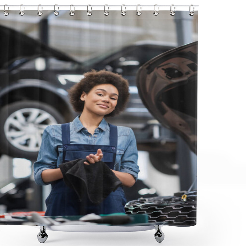 Personality  Smiling Young African American Mechanic In Overalls Drying Hands With Black Towel In Garage Shower Curtains