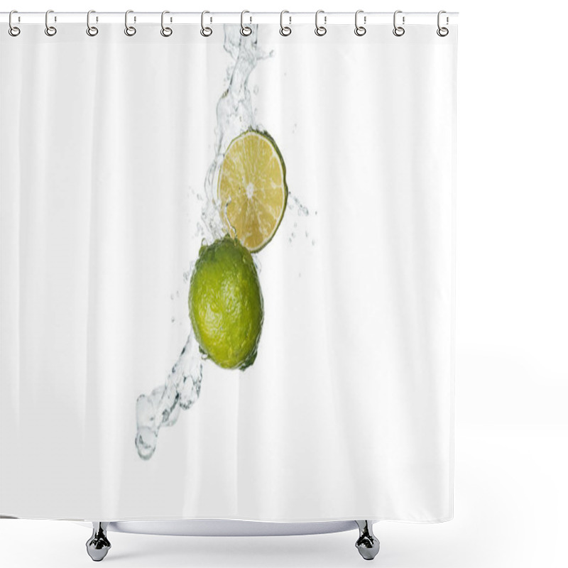 Personality  Green Limes With Clear Water Splash And Drops Isolated On White Shower Curtains