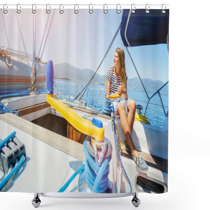 Personality  Girl On Board Of Sailing Yacht On Summer Cruise. Travel Adventure, Yachting With Child On Family Vacation. Shower Curtains