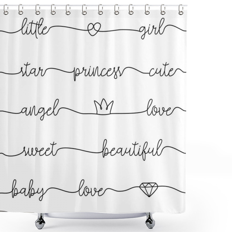 Personality  Vector Seamless Pattern With Hand Drawn Words: Little, Girl, Star, Princess, Cute, Angel, Love, Sweet, Beautiful, Baby, Love. Continuous Line Heart Drawing. Minimalist Design. Girl Decoration. Shower Curtains