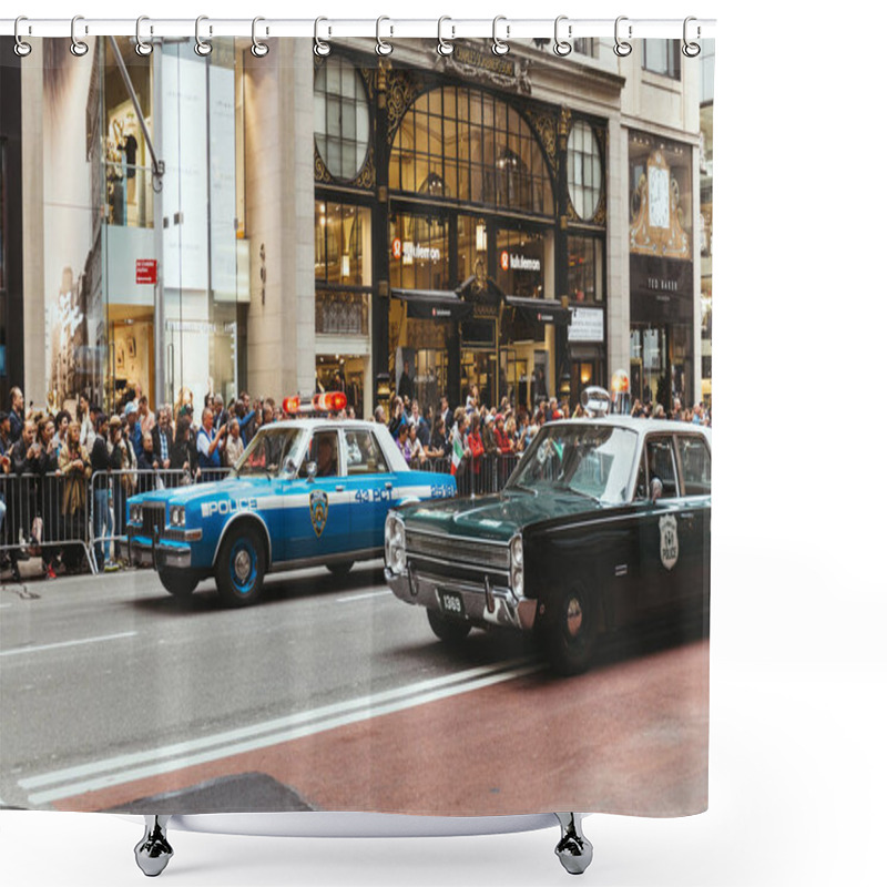 Personality  NEW YORK, USA - OCTOBER 8, 2018: City Parade With Police Cars On Street In New York, Usa Shower Curtains