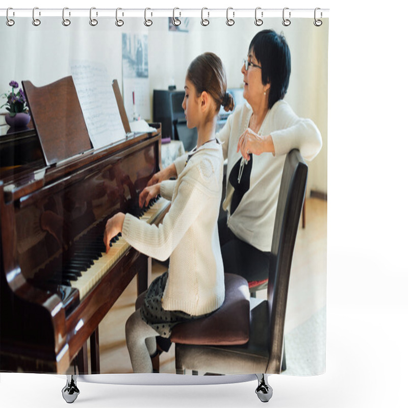 Personality  Piano Lessons At  Music School, Teacher And Student. Shower Curtains