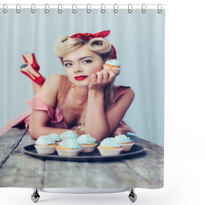 Personality  Pin Up Girl With Cupcakes  Shower Curtains