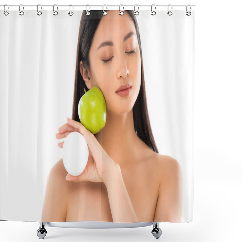 Personality  Naked Asian Woman With Closed Eyes Holding Ripe Apple And Cosmetic Cream Near Face Isolated On White Shower Curtains