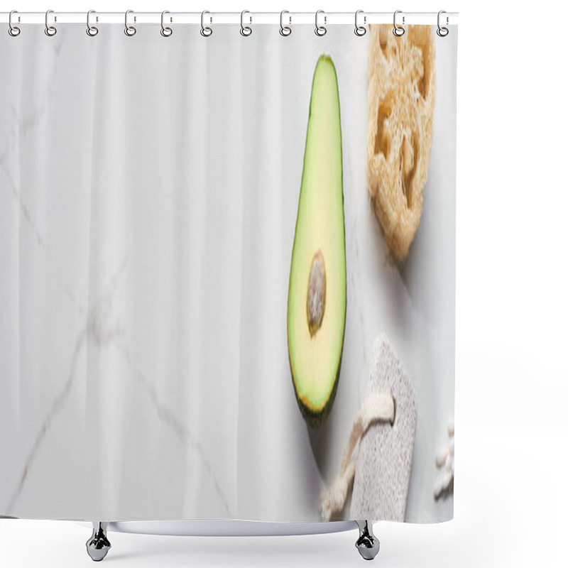 Personality  Panoramic Shot Of Half Of Avocado, Loofah And Pumice Stone On Marble Surface Shower Curtains