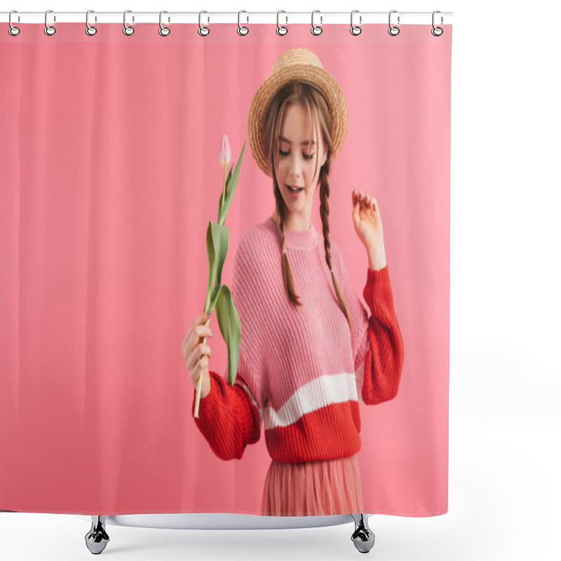 Personality  Young Pretty Girl With Two Braids In Sweater And Straw Hat Holdi Shower Curtains