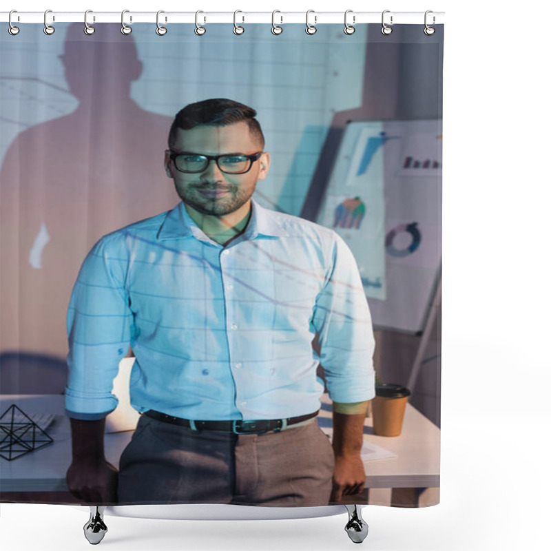 Personality  Smiling Businessman In Glasses Standing Near Desk With Paper Cup  Shower Curtains