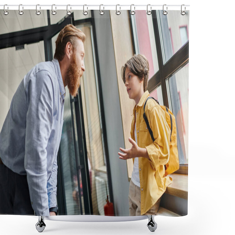 Personality  A Man Stands Beside A Little Boy In Front Of A Window, Engaging In A Thoughtful Conversation While Looking Outside. Shower Curtains