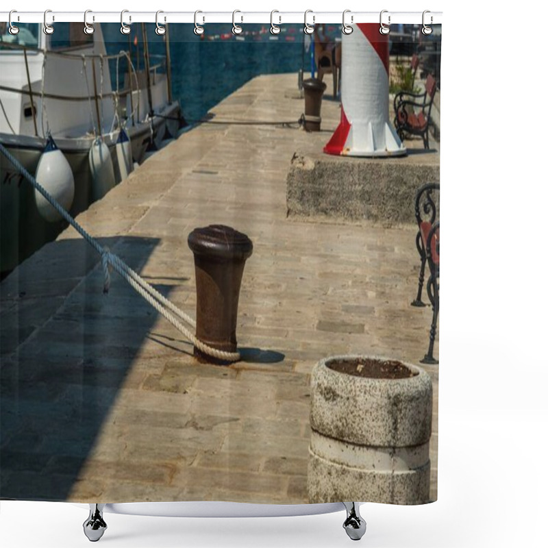 Personality  A Harbor Dock Featuring A Mooring Bollard With A Tied Rope, Benches, And A Red-and-white Striped Lighthouse Beside Anchored Boats. Shower Curtains