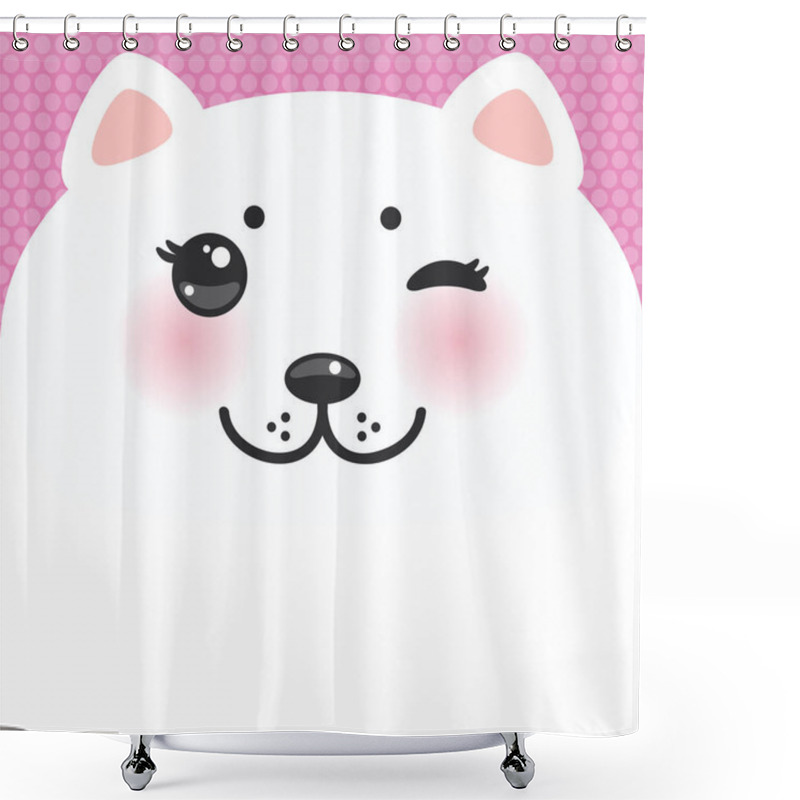 Personality  Cute Cartoon Kawaii Funny White Cat Muzzle With Pink Cheeks And Wink Eyes On A Lilac Background. Card Banner Design Nursery Decor Trend Of The Season, Scandinavian Style. Vector Illustration Shower Curtains