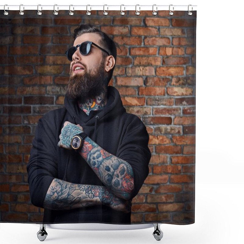 Personality  Modern Bearded Hipster Male In Hoodie  Shower Curtains